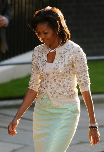 LONDON, ENGLAND - APRIL 01:  First lady Michelle Obama arrives in Downing Street on April 1, 2009 in London. Obama is on his first trip to the UK as President and will be attending G20 world leaders' summit dedicated to tackling the global financial crisis.  (Photo by Dan Kitwood/Getty Images)